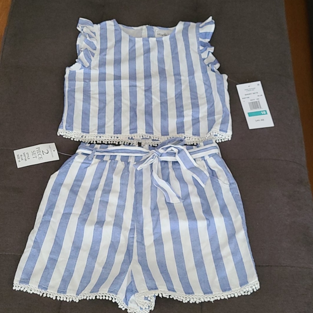 Striped linen top with paper bag shorts set